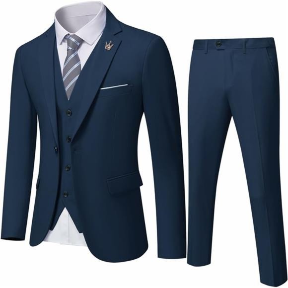 Men's 3 Piece Slim Fit Suit, One Button Jacket Blazer Vest Pants Set and Tie